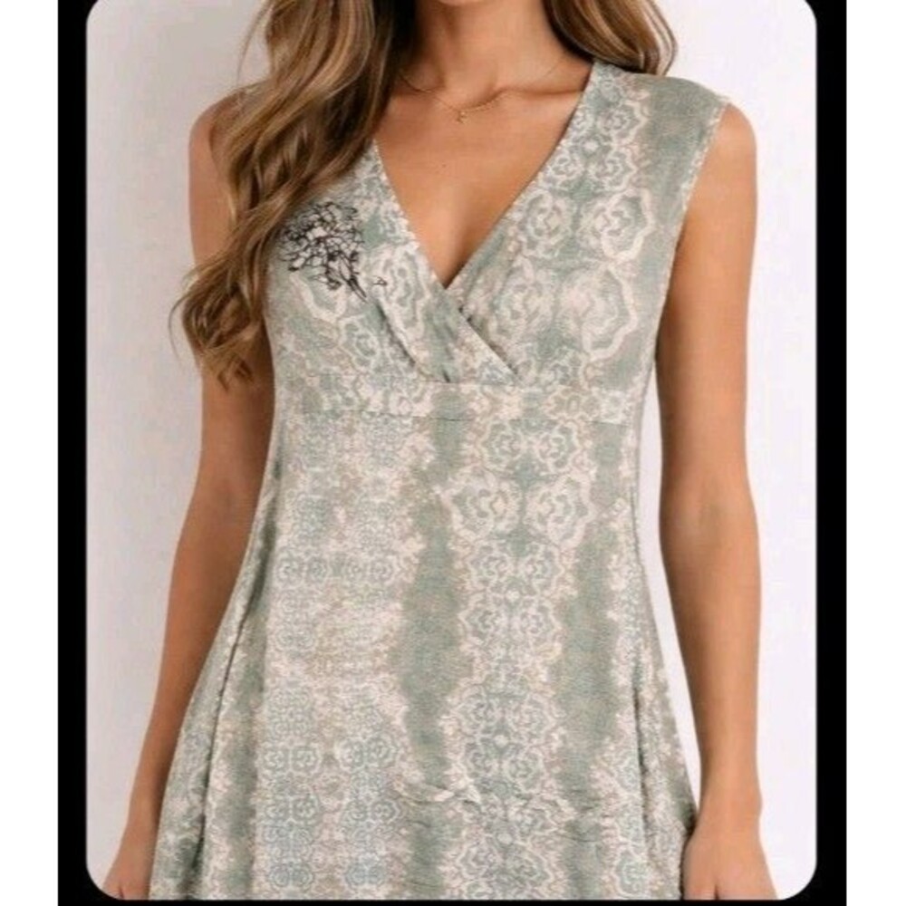 Valya Dress Size M Green V Neck 100% Rayon Sleeveless Ruffle Trim Side Zip